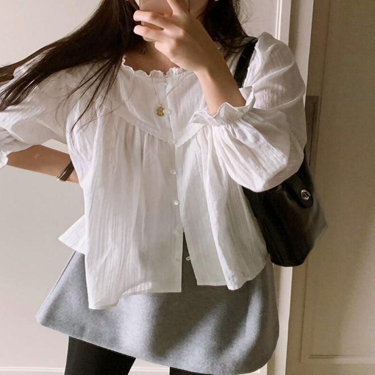 블라우스 긴팔 포인트 레이스 여성블라우스 봄가을 로맨틱룩 프릴 펀칭 여성 퍼프소매