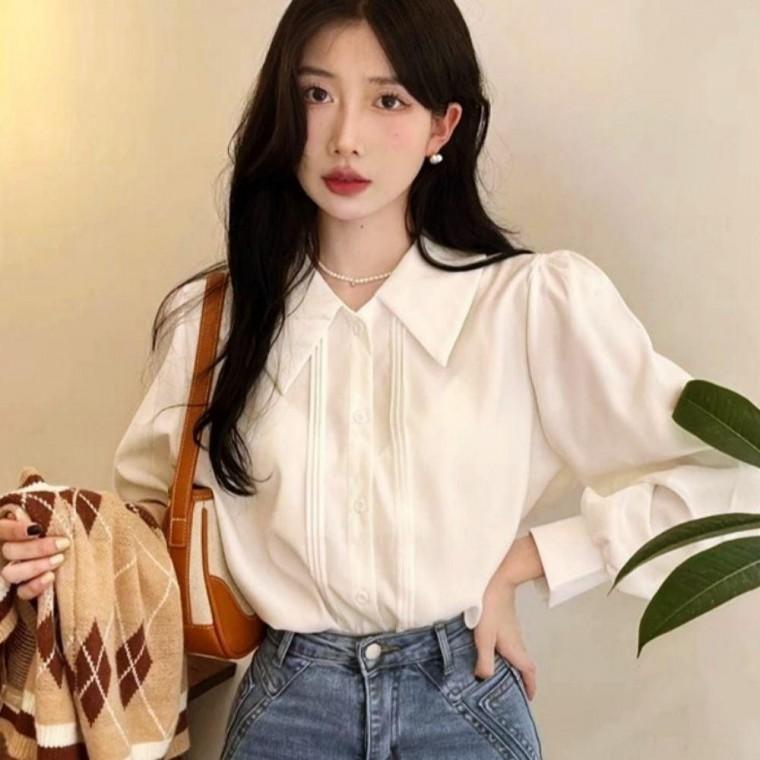 블라우스 정장셔츠 긴팔 브로드 퍼프소매 깔끔한 카라 여성 봄가을 클래식 긴팔블라우스