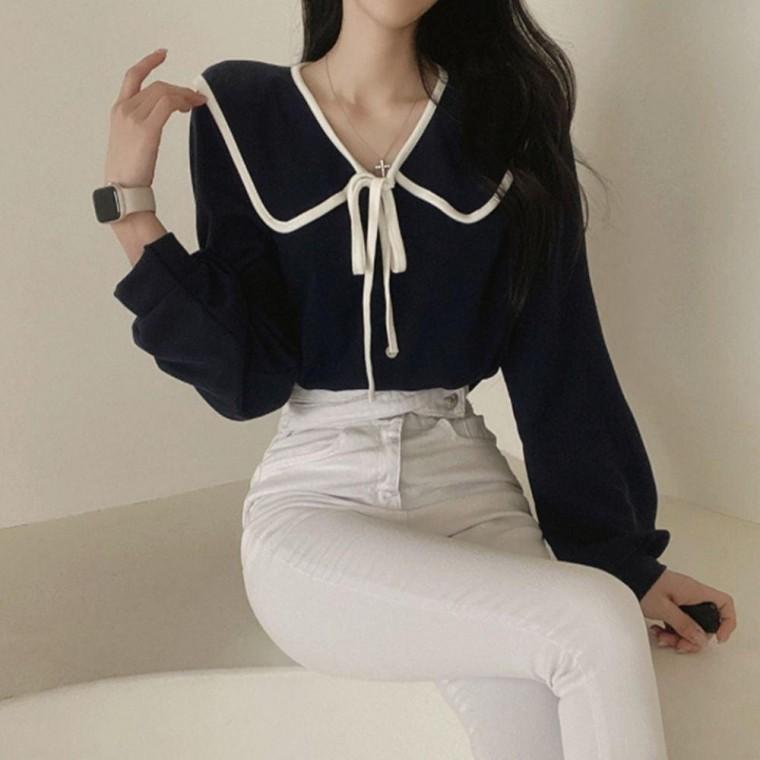 여성블라우스 3컬러 세일러 블라우스 리본 여성 패션블라우스 봄가을 빅카라 러블리무드 상의 패션