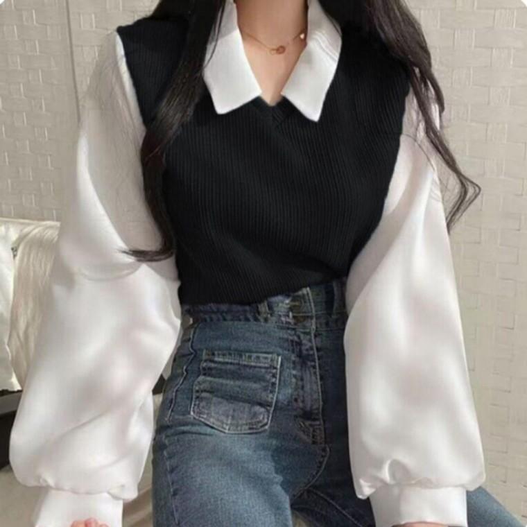 페이크블라우스 카라 여성 니트 레이어드 봄가을 페이크 티셔츠 데일리룩 페이크골지조끼 블라우스 세트