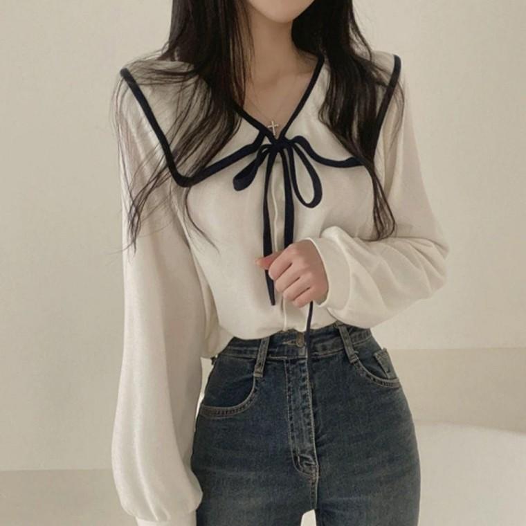 여성블라우스 패션 패션블라우스 봄가을 룩 세일러카라 귀여운 여성 리본스트랩 3컬러 블라우스