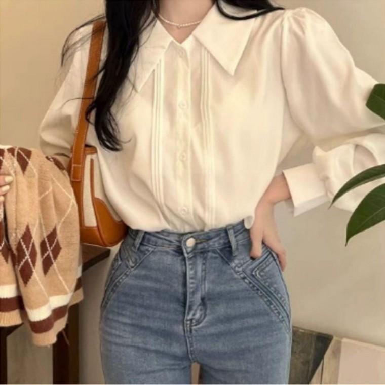 긴팔블라우스 카라 블라우스 카라블라우스 출근룩 깔끔한 봄가을 소매 셔츠 여성 클래식 퍼프 화이트