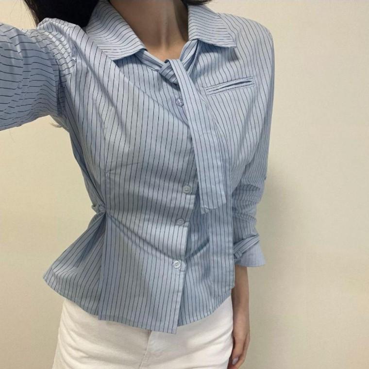 여성블라우스 블라우스 셔츠 슬림핏 여성 봄가을 세련된 핏 정장룩 스트라이프 하객룩