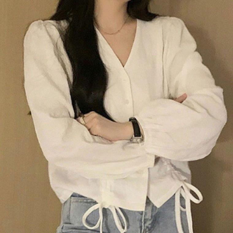 브이넥블라우스 데일리룩 셔링 브이넥 블라우스 여성 고급 페미닌룩 여리핏 봄가을 셔링블라우스 스트랩