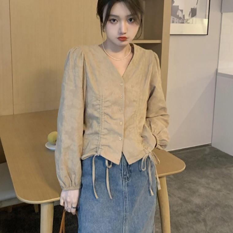 맨투맨티셔츠 고급스런 실루엣 상의 블라우스 셔링 브이넥 여성 봄가을 스트랩 레이스나시