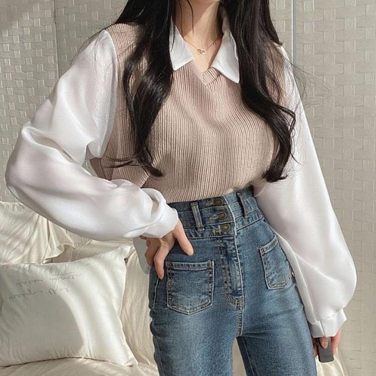 카라블라우스 셔츠 레이어드 여성 데일리룩 페미닌룩 세트 블라우스 베스트 봄가을 레이어드베스트 카라
