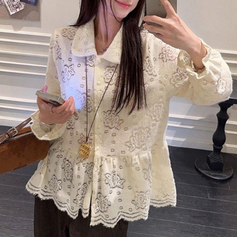 긴팔블라우스 긴팔 플레어 카라 봄가을 데이트룩 여성 펀칭블라우스 출근룩 펀칭 셔츠 플라워 블라우스