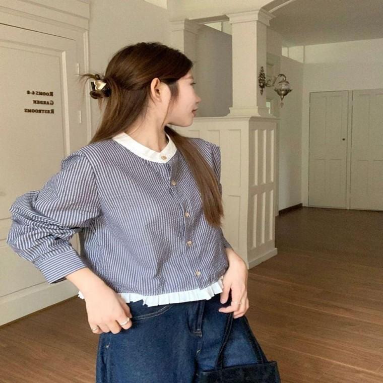 노카라블라우스 프릴 세련된핏 여성 차이나셔츠 셔츠 봄가을 블라우스 잔스트라이프 차이나넥 노카라