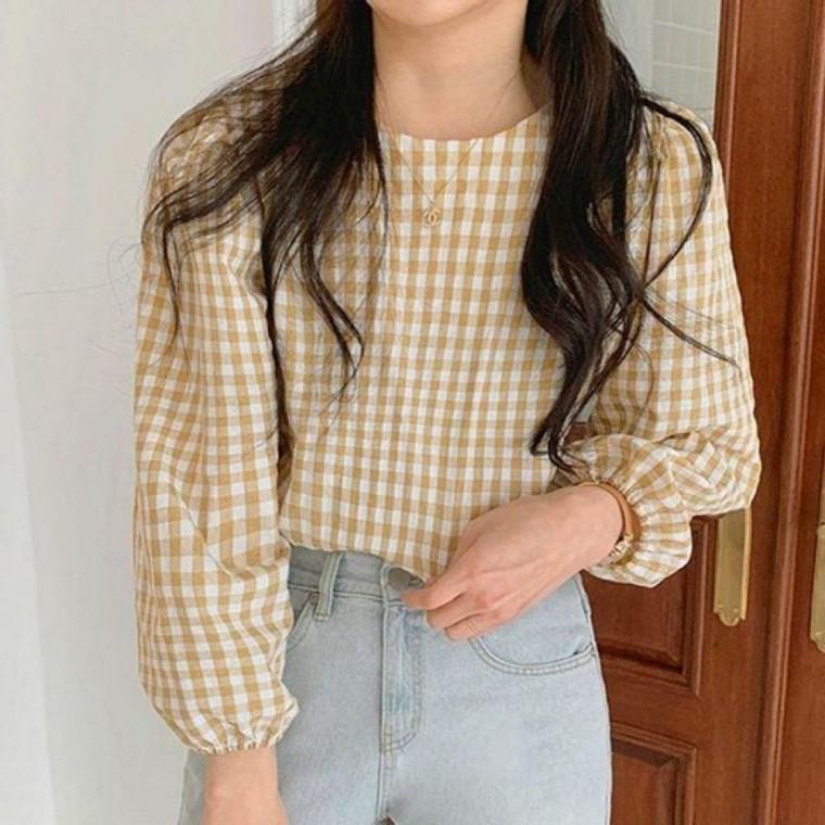 데일리룩 블라우스 여리핏 빈티지 하객룩 체크 스퀘어넥 여성 퍼프 봄가을 러블리스타일