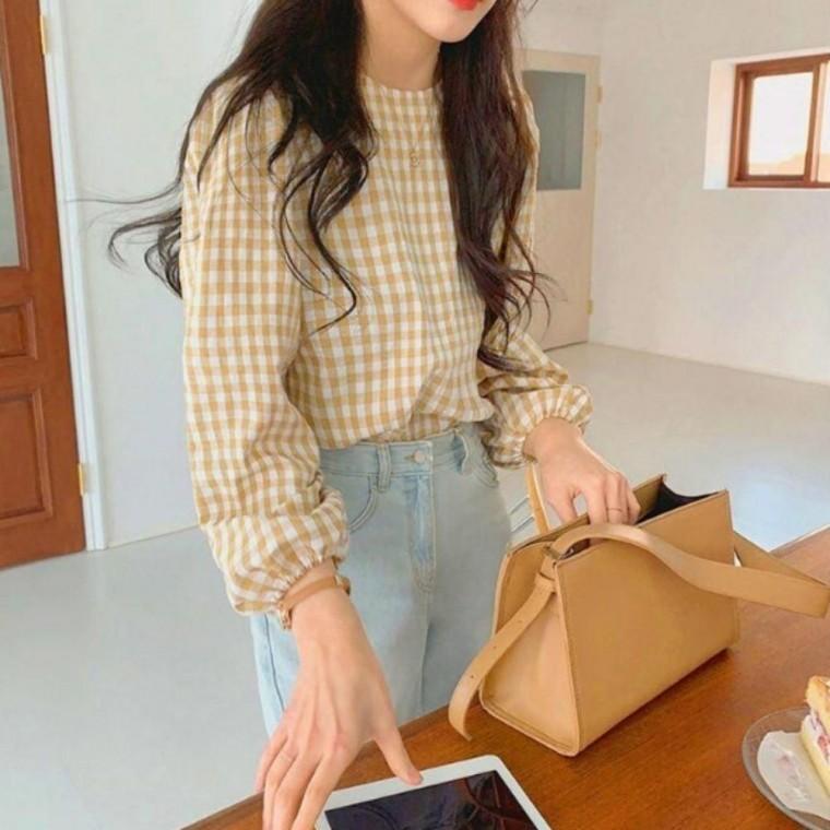 데일리룩 봄가을 빈티지 2컬러 체크 코디룩 블라우스 하객룩 러블리 여성