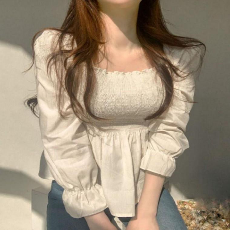 페미닌룩 자수 여성 퍼프 데일리룩 블라우스 봄가을 예쁜셔츠 포인트 스모크 페미닌