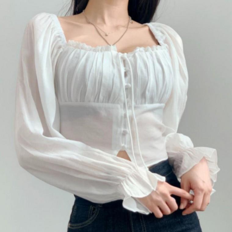여성 레이스 블라우스 스모크 셔링 페미닌 봄가을 긴팔
