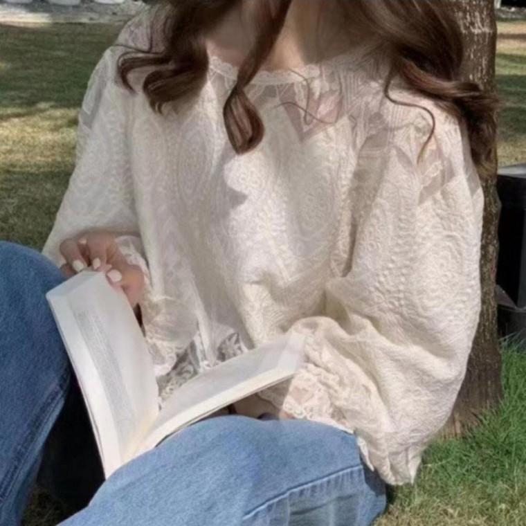 여성 레이스 블라우스 긴팔 시스루 퍼프소매 봄가을 캐주얼