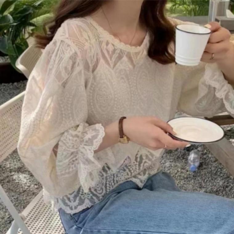여성 퍼프 블라우스 레이스 시스루 하객룩 봄가을 셔츠