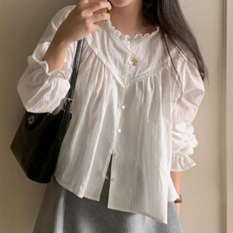 여성 블라우스 프릴 퍼프소매 레이스 포인트 긴팔 봄가을