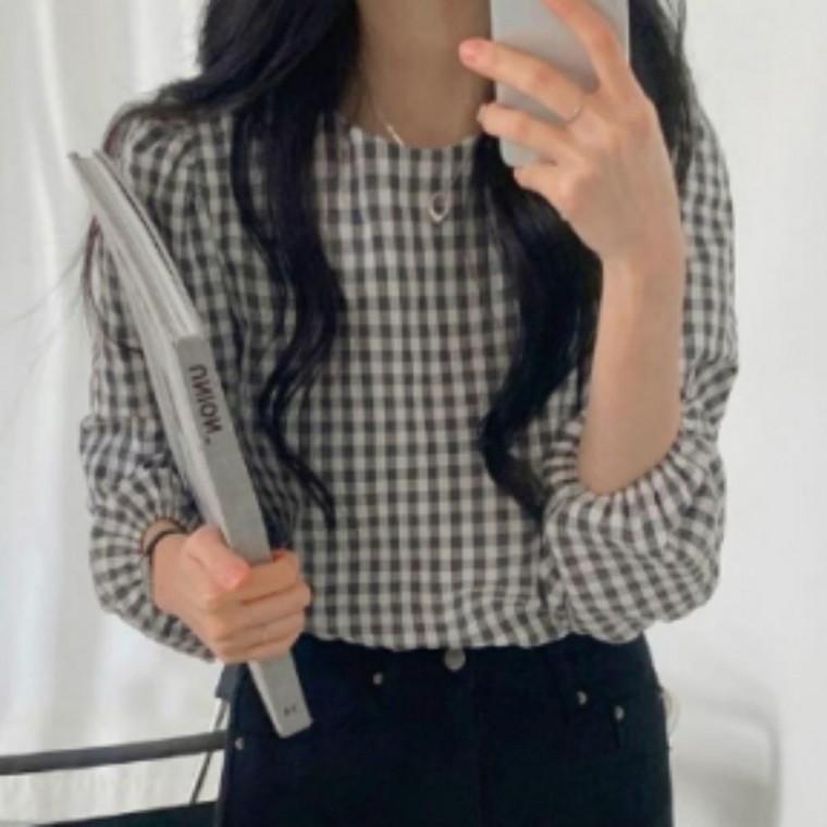 여성 블라우스 스퀘어넥 퍼프 체크 여리핏 봄가을 빈티지