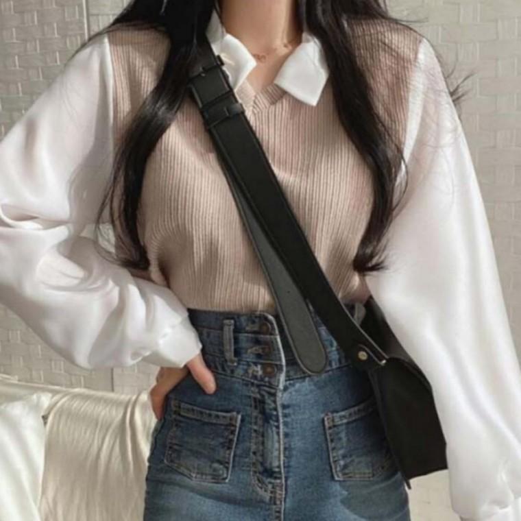 여성 블라우스 니트 레이어드 페이크골지 조끼 세트 봄가을
