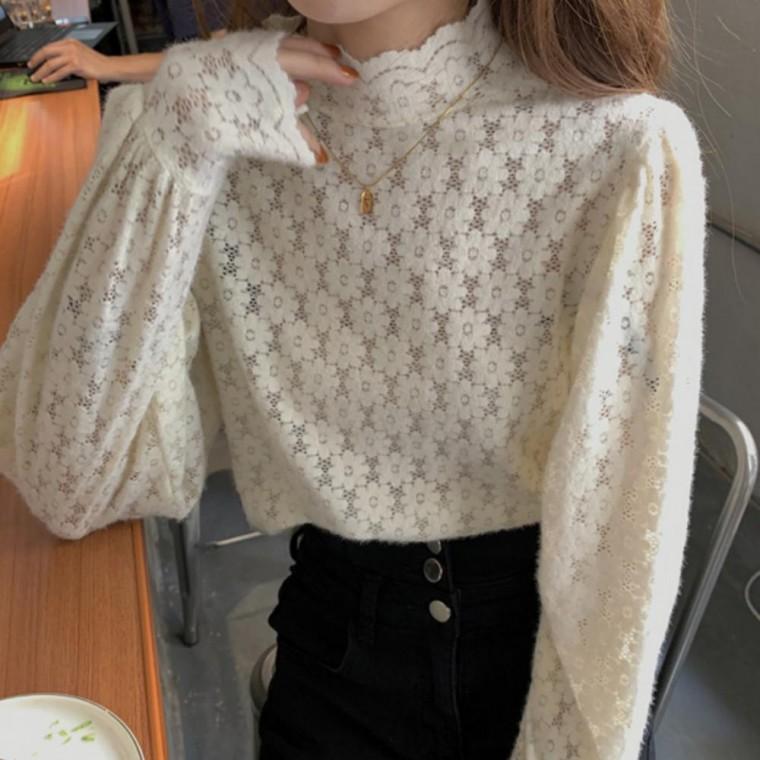 여성 블라우스 시스루 터틀넥 우아한 페미닌 봄가을 하객룩