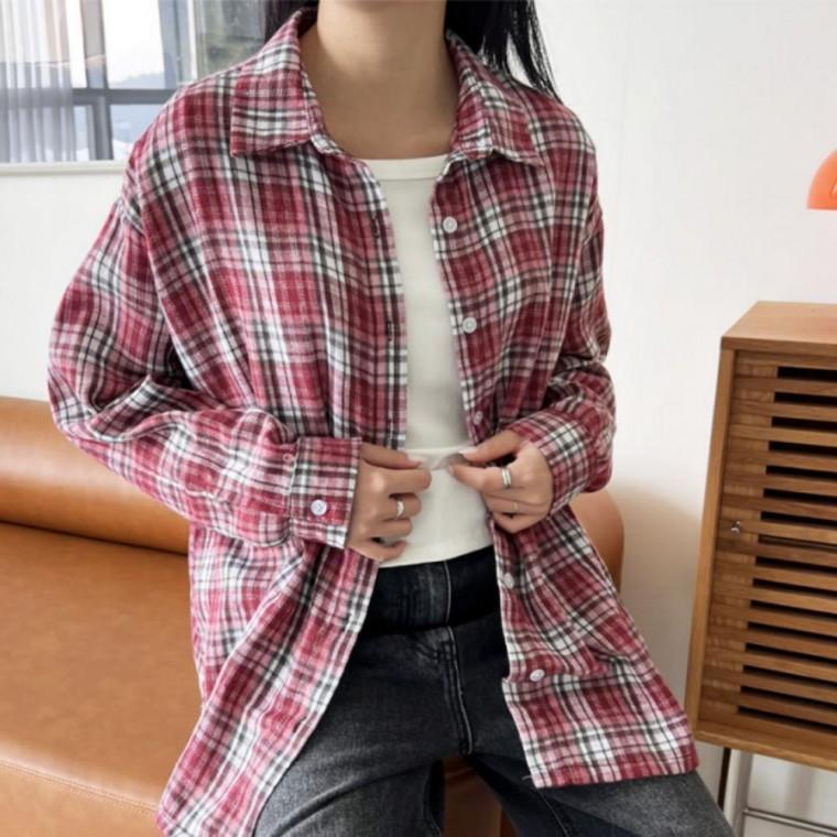 여성셔츠 봄가을 데일리 캐주얼 여성 체크 셔츠 블라우스 오버핏 남방 룩 캐주얼블라우스