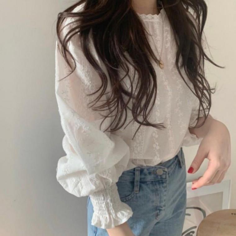 여성상의 셔츠 러블리 플 블라우스 프릴셔츠 주름소매 여성 프릴 봄가을 페미닌 데일리