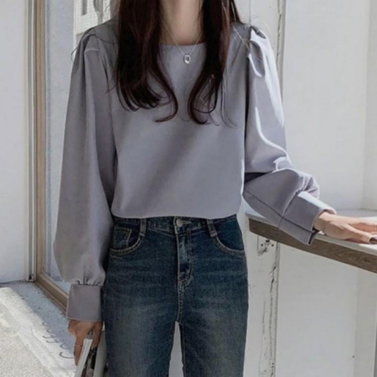맨투맨티셔츠 레이스나시 여성 봄가을 청순한 스타일 깔끔핏 라운드넥 여성블라우스 어깨 셔링 블라우스