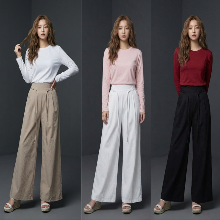 여성 스트링 와이드 팬츠 뒷밴딩 봄 가을 바지
