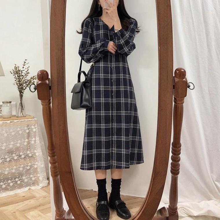 DC 여성 데일리 체크 패턴 가을 단추 원피스 OPC006N