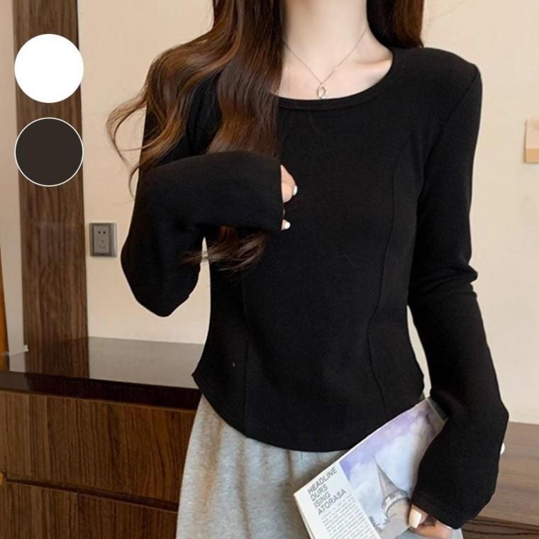 U넥 쉐입라인 긴팔티 스티치 포인트 여성 이너 티셔츠 슬림 롱슬리브 봄가을 무지 프린세스라인 이너