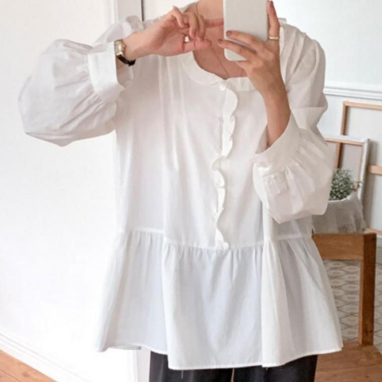 블라우스 여성 귀여운 우아한 레이스 버튼 봄가을 원픽