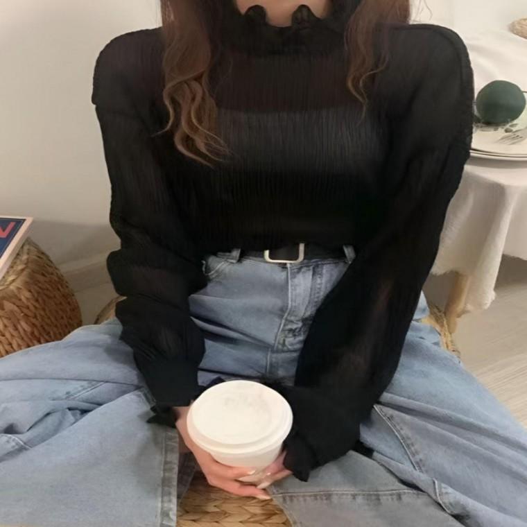 2컬러 여성블라우스 여성 우아한 블라우스 반폴라블라우스 반폴라 페미닌 봄가을 퍼프소매 셔츠 상의 원픽