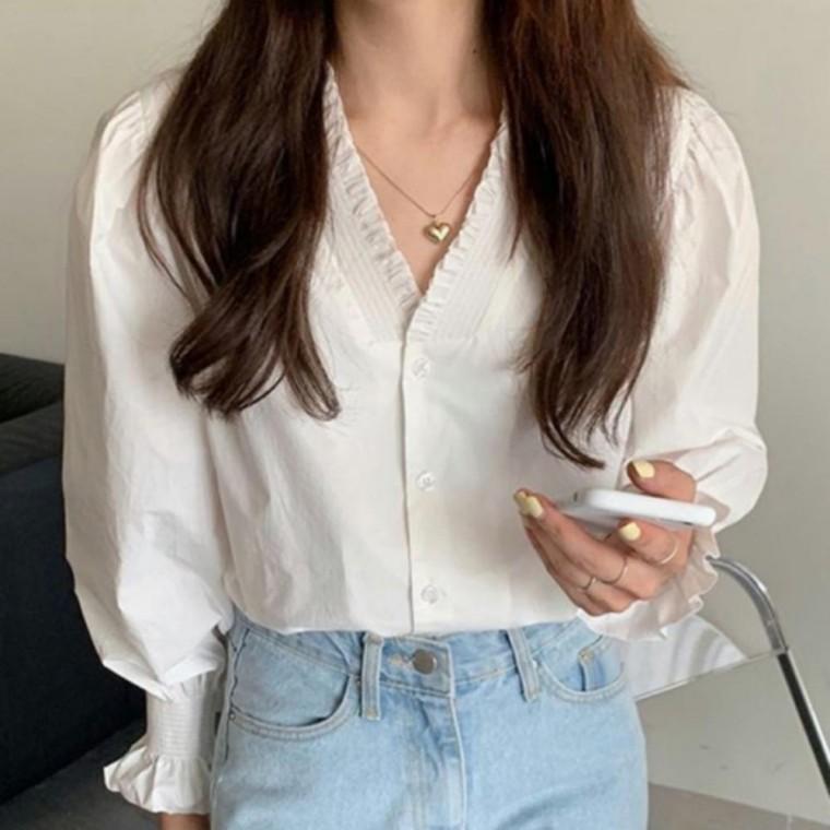 퍼프소매 페미닌 블라우스 여성 봄가을 프릴 원픽