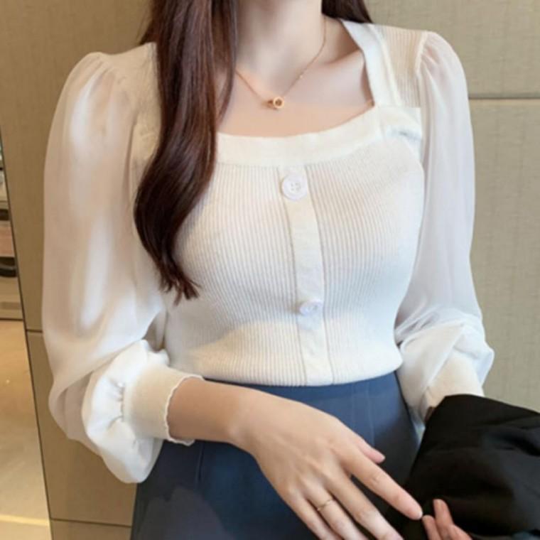상의 블라우스 봄가을 긴팔 여성 니트 쉬폰 스퀘어 원픽