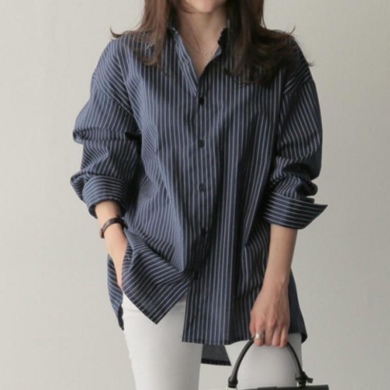 남방 봄가을 루즈핏 시크한 블라우스 스트라이프 스타일 여성 원픽