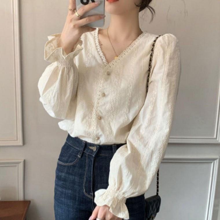 코디 프릴 블라우스 여자셔츠 봄가을 브이넥 레이스 로맨틱 여자블라우스 긴팔 여성 셔츠 퍼프 원픽