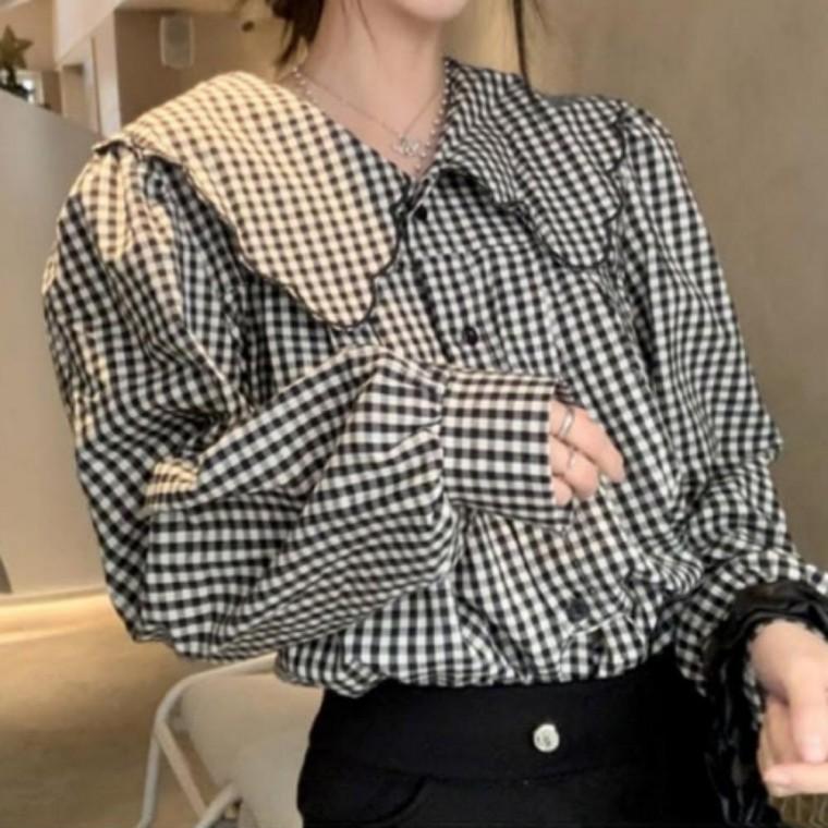 셔츠 빅카라 체크 캐주얼 블라우스 여성 봄가을 루즈핏 원픽