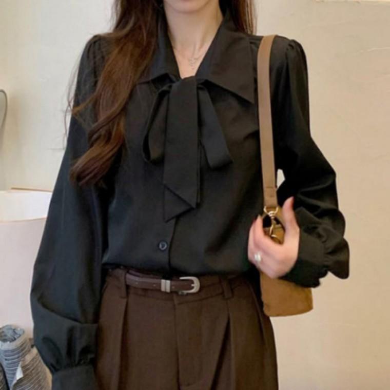 여성티셔츠 남방 여성블라우스 여성티 리본카라 여성 셔츠 하객룩 블라우스 오피스 봄가을 고급 정장 패션