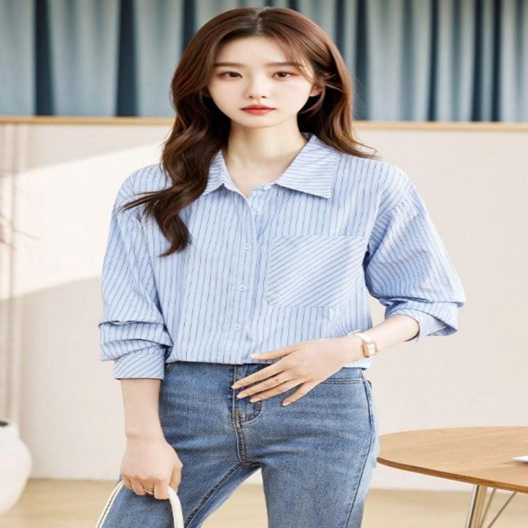 오피스룩 봄가을 데일리룩 블라우스 스트라이프 여성 소라 셔츠 빅카라 원픽