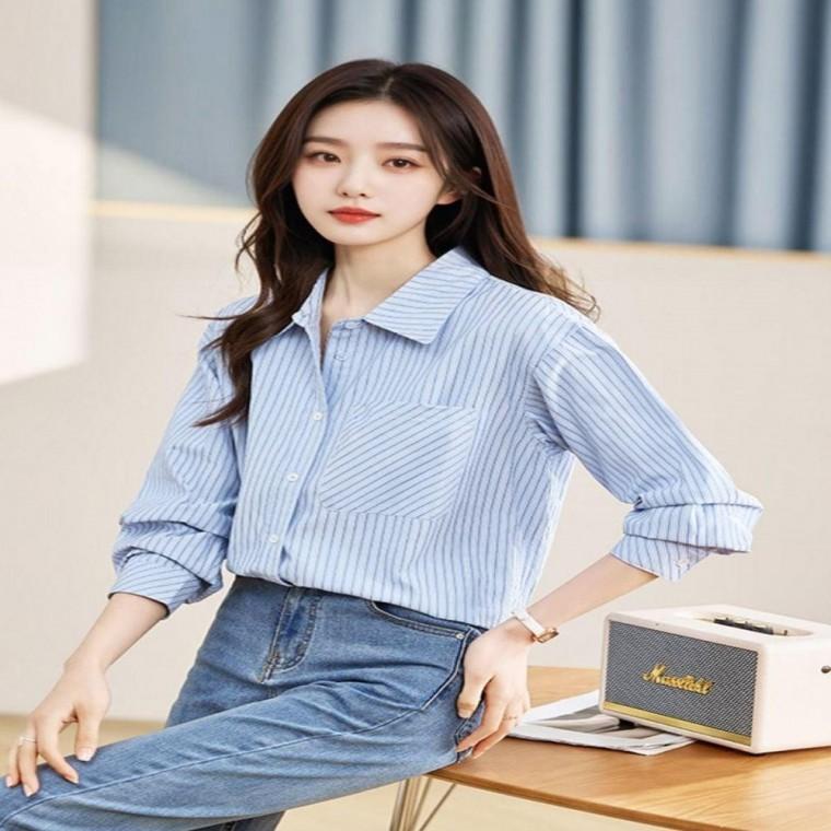 셔츠 스트라이프 코디 봄가을 소라컬러 여성 블라우스 오피스룩 빅카라 원픽