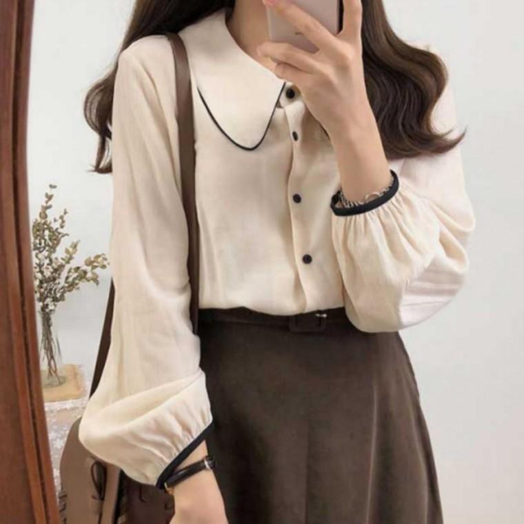 카라 블라우스 상견례 배색 긴팔 여성 하객룩 봄가을 원픽