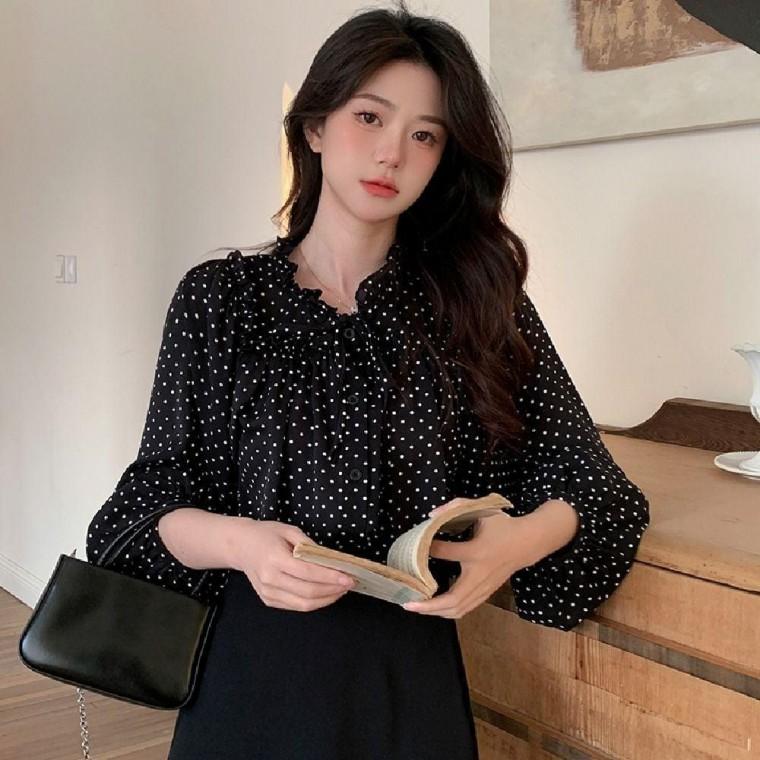 도트 프릴 페미닌 봄가을 여성 블라우스 긴팔 도트블라우스 쉬폰 차이나 데일리룩 원픽