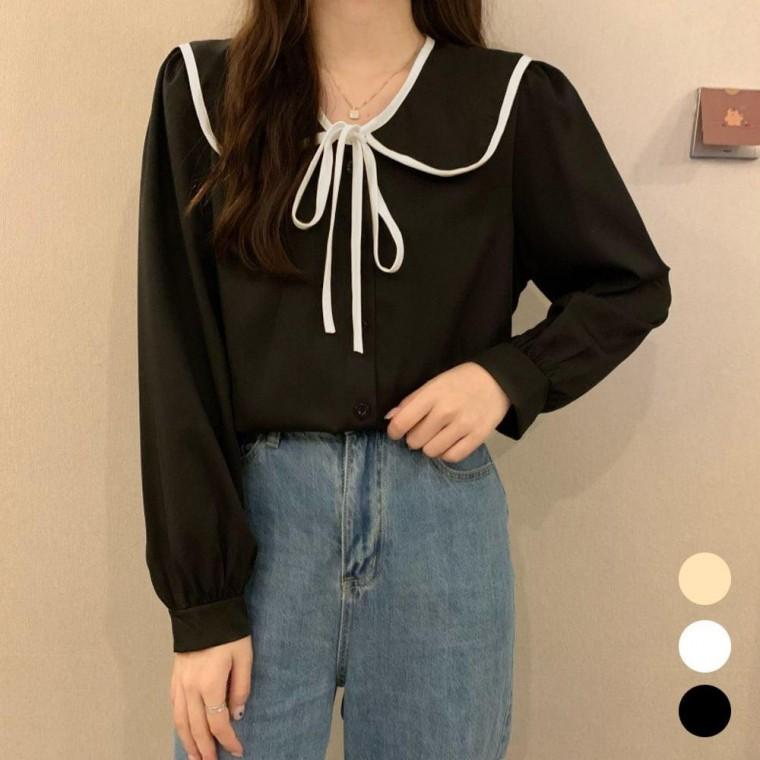 긴팔 봄가을 카라 여성셔츠 예쁜 여성 데일리룩 코디 출근룩 리본 블라우스 배색 여성긴팔 원픽