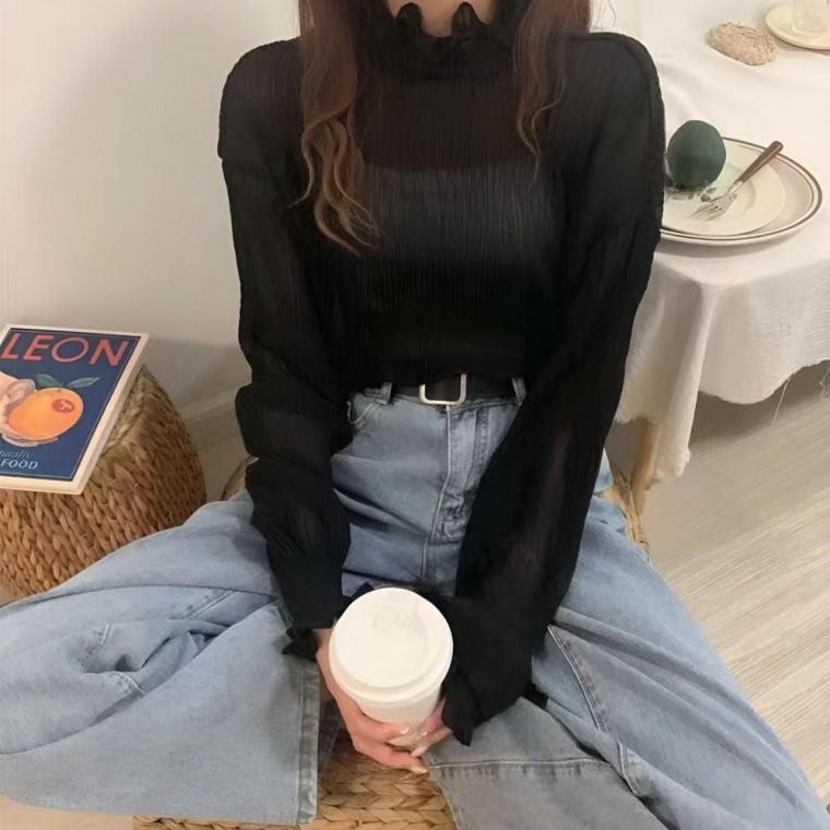 여성의류 봄가을 블라우스 봄옷 주름 페미닌룩 긴팔 반폴라 데이트룩 예쁜 여성 퍼프 원픽