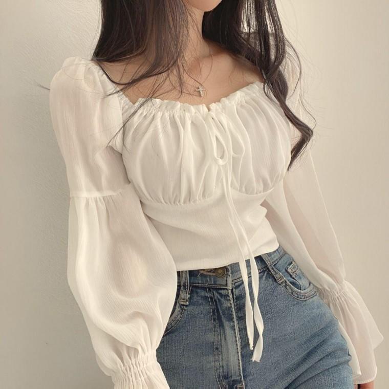 레이스 블라우스 여성의류 셔링 스퀘어넥 러블리룩 크롭 봄가을 밴딩 긴팔 여성 봄옷 원픽