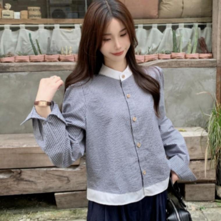 배색카라 원피스 스트라이프 블라우스 봄가을 여성 얇은 롱 원픽