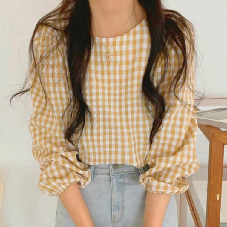 고방체크 벌룬소매 셔츠 블라우스 데이트룩 여성 여성상의 봄가을 2컬러 러블리 원픽