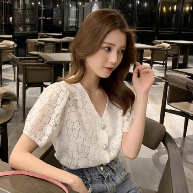 여성 섹시 봄가을 자수 블라우스 브이넥 시스루 레이스 원픽