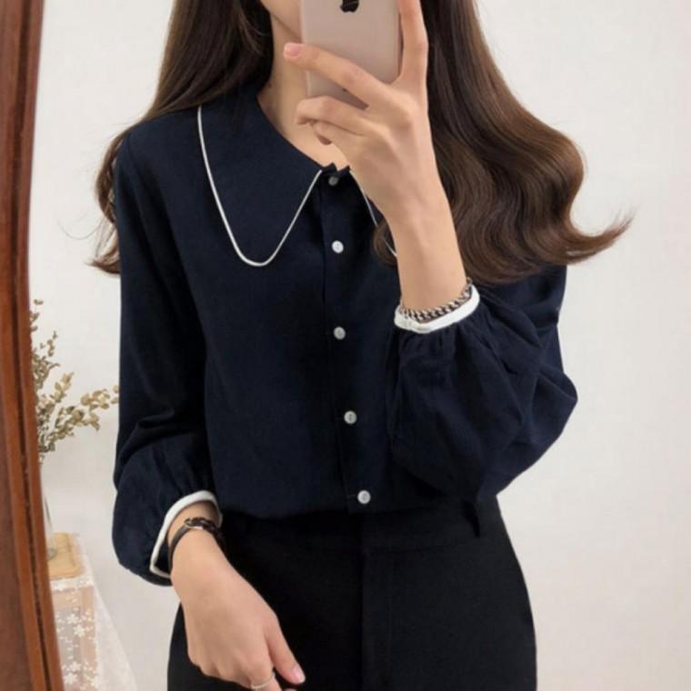 셔츠 여성 블라우스 소매셔링 배색 봄가을 둥근카라 원픽