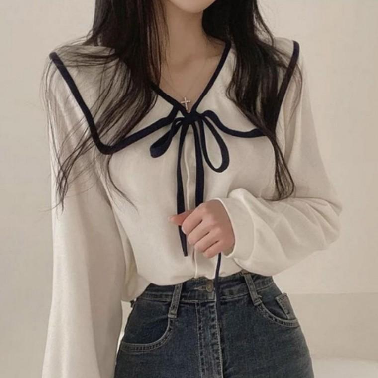 블라우스 셔츠 귀여운 봄가을 스트랩 리본 여성 둥근카라 원픽