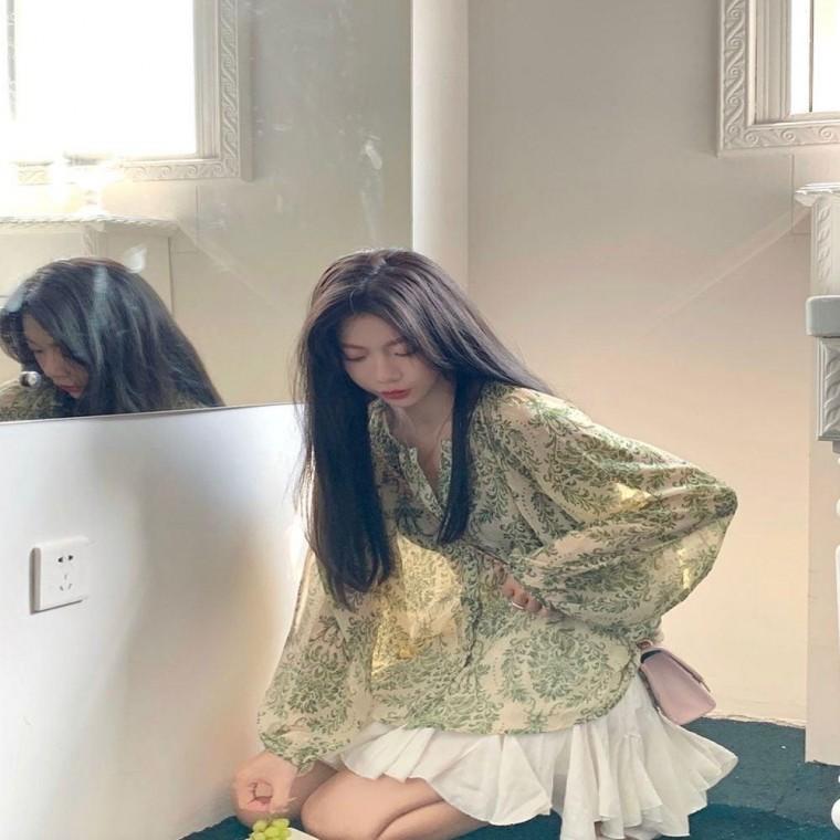 플라워 시스루블라우스 라운드넥 루즈핏 블라우스 페미닌룩 노카라 여성 봄가을 노카라블라우스 시스루 원