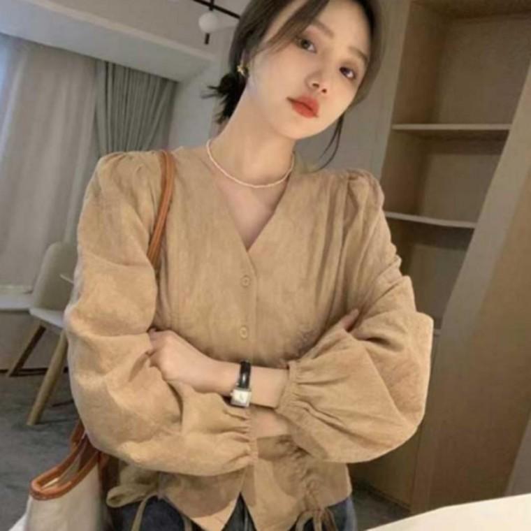 긴팔 블라우스 브이넥 데이트룩 상견례 봄가을 여성 셔링 원픽